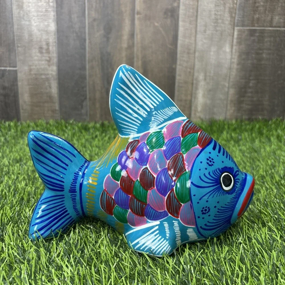 Vintage Hand Painted Ceramic Fish‎ Figurine Colorful Folk Art Coastal Decor